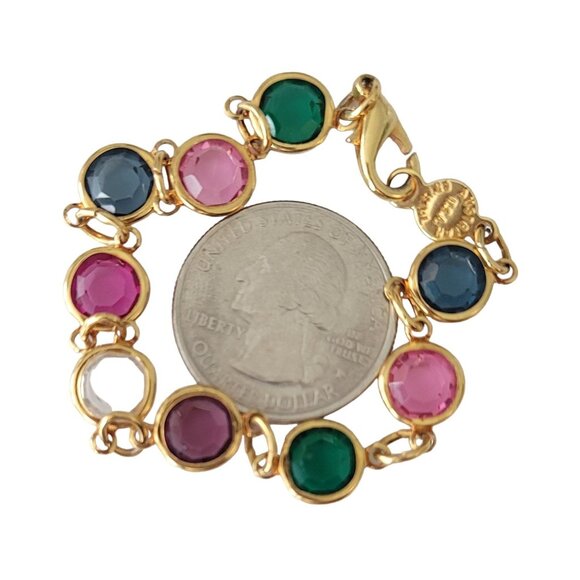Austria Pink Blue Green Gold Tone Caged Crystal Chain Bracelet, 7.25" Long E757 - Picture 4 of 6